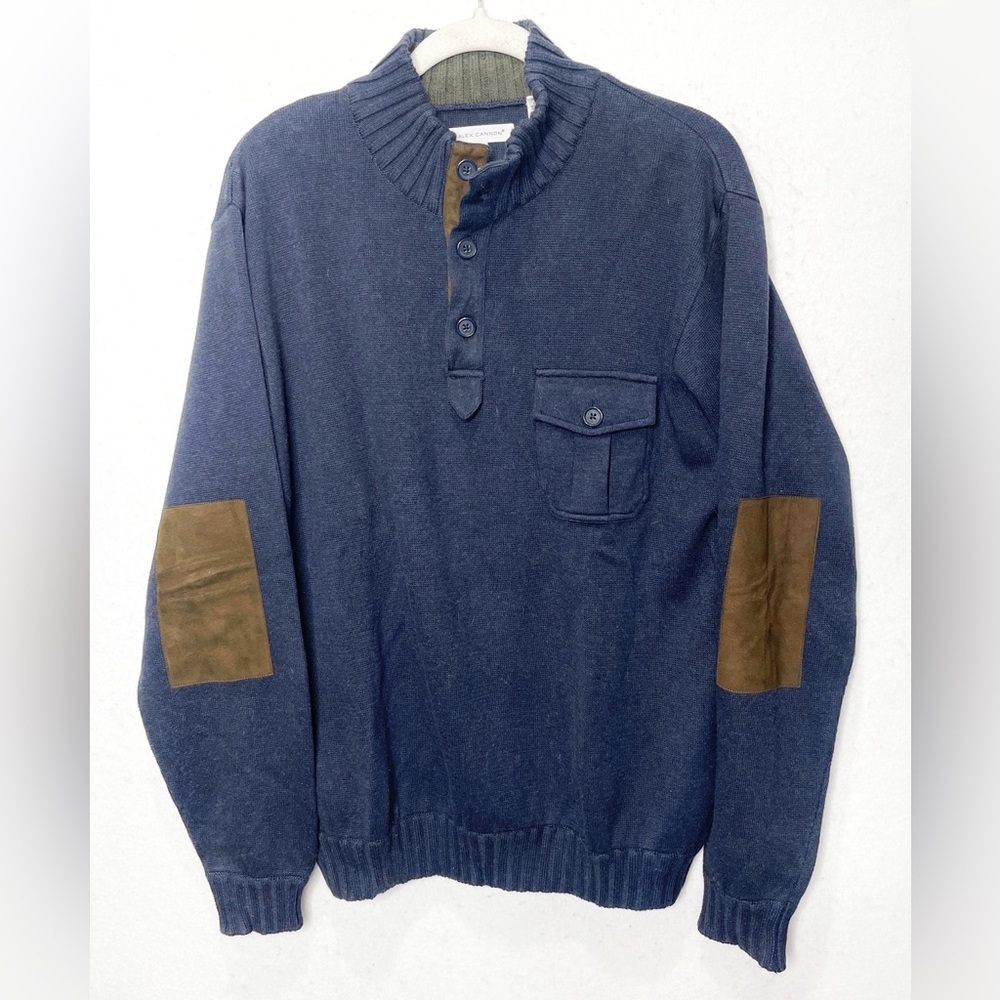 Alex Cannon 100% Cotton Knit Pull Over Navy Blue Sweater Brown Elbow Patches Med - Picture 2 of 7